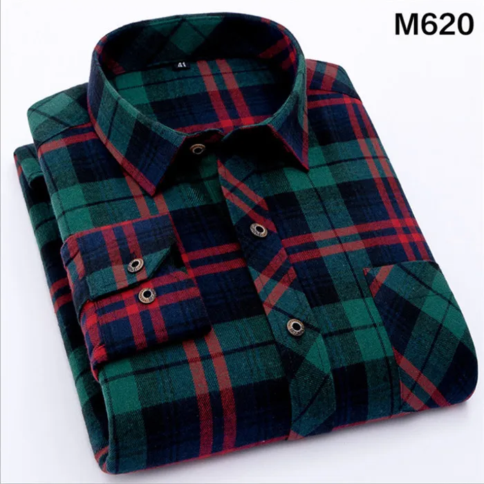 Весенне-осенняя фланелевая Мужская рубашка в клетку с длинным рукавом, мужские теплые повседневные рубашки из матового хлопка, Мужская Облегающая рубашка в клетку - Цвет: M620