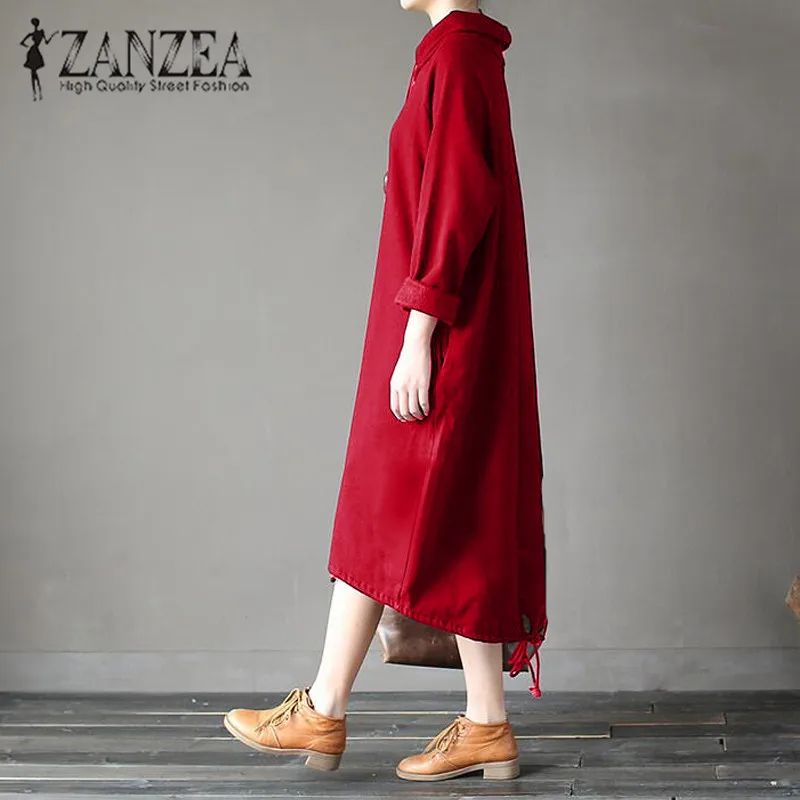 Plus Size ZANZEA Women Autumn Turtleneck Long Sleeve Pockets Casual Mid Calf Sweatshirt Dress Ladies Loose Irregualr Vestidos