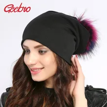 Geebro, женская шапка, осенняя, повседневная, цветная, с помпонами, громоздкая, шапочки, для девочек, Лисий мех енота, с помпоном, женская, с помпоном, шапка Skullies