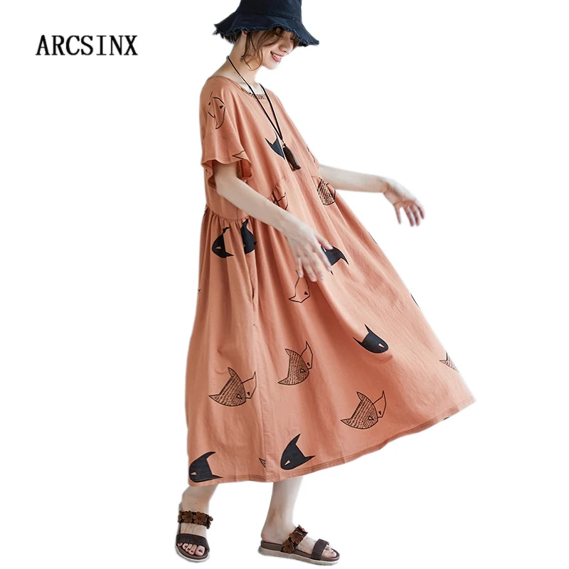 

ARCSINX Black Dress Women Large Size 5XL 4XL Carton Mori Girl Women's Dress Cotton Short Sleeve Summer Dresses And Sundresses