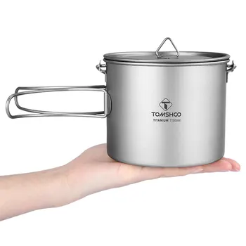 

#TOMSHOO 1100ml Titanium Pot Camping Pot Titanium Tableware Ultralight Portable Pot with Lid Foldable Handle for Outdoor Cooking