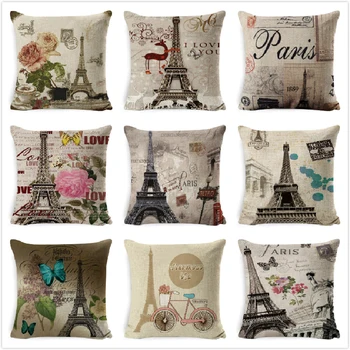 

Cotton Linen Cushion Cover Retro Vintage Franch Paris Tower Pillow Cover Car Sofa 45x45cm Throw Pillowcase Home Decor