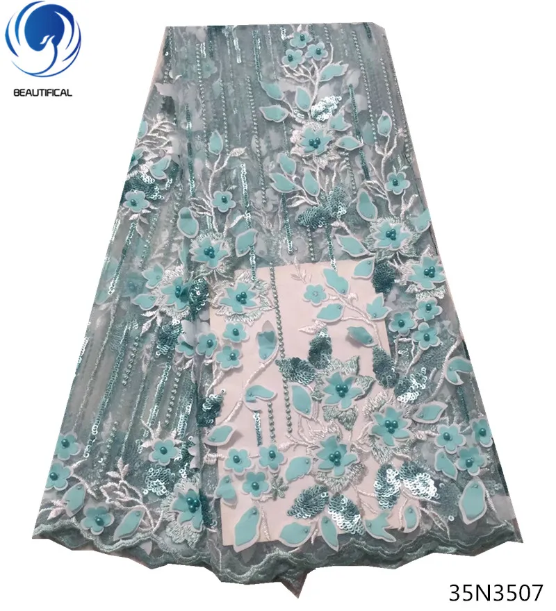 

Beautifical 3d beaded lace fabric 3d flower lace embroidered fabric sequin lace fabric 5yards/lot 2018 product for wedding 35N35