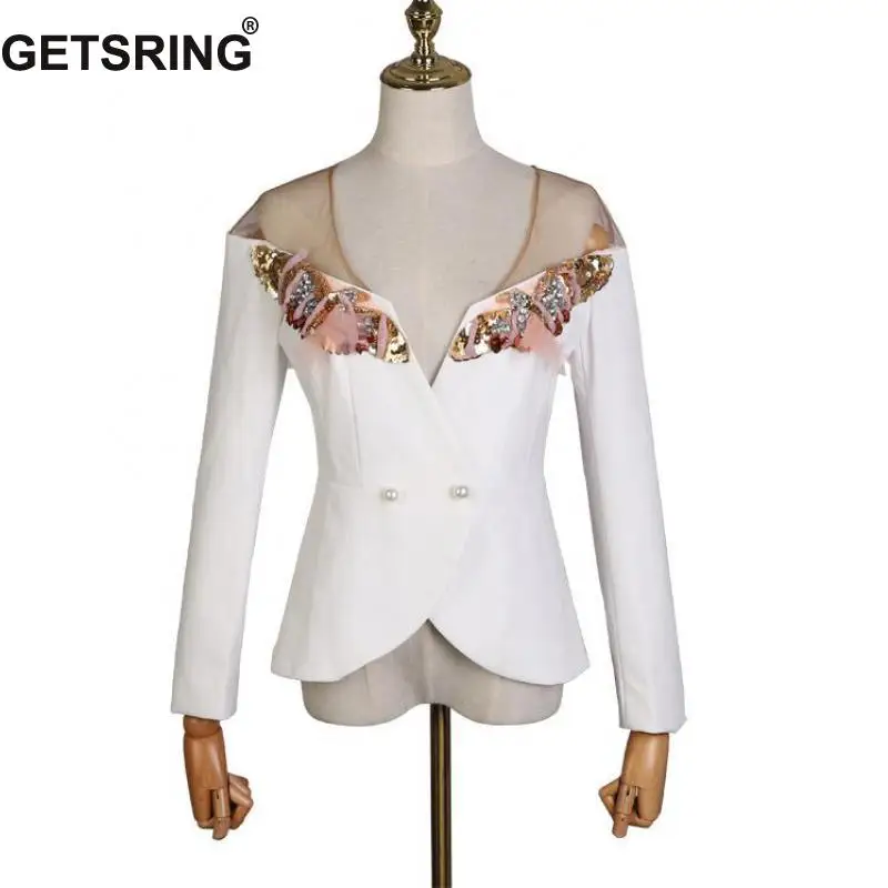 

GETSRING Women Blouses V Neck Long Sleeve Women Shirts Beading Mesh Spliced Backless Sexy Women Tops All Match White Shirt Black