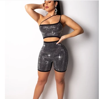 

2019 Fashion Women Ladies One Piece Outfits Mini Shorts Diamond Jumpsuits Bodycon Short Pants Sexy Rompers Club Shining Sets