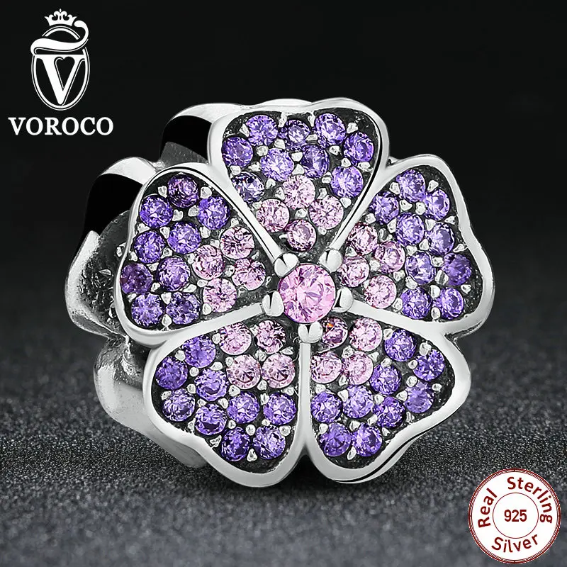 925 Sterling Silver Sparkling Primrose Pink Purple CZ Charms Fit Original Pandora Bracelet Charms for Jewelry