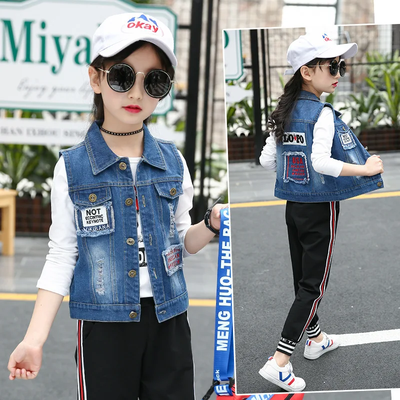 

Girls Cartoon Denim Vests Waistcoats Autumn Children Fashion Waistcoat Girl Jeans Outdoor Vest