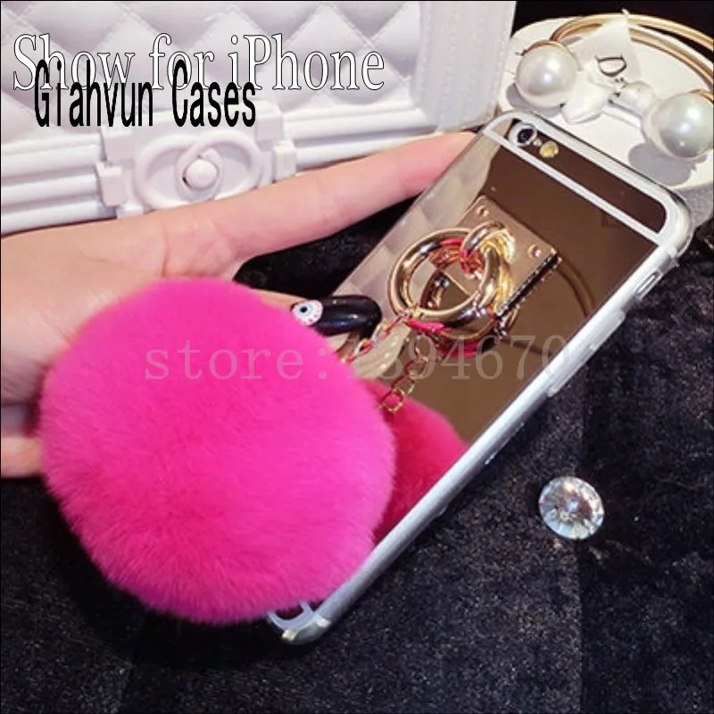 

Gold Metal Rope Mirror phone Back Cover Capa white fur ball pompom For Huawei honor 6X 7 8 V8 honorV9 4X 5A honor5 Back Case