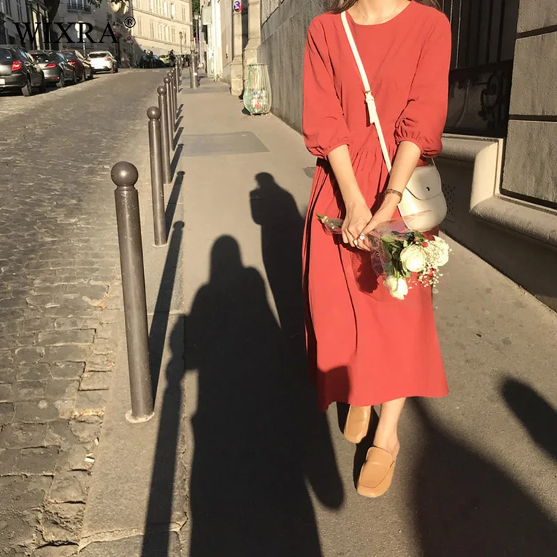 

Wixra 2019 Hot Solid Dress Loose Women Spring Autumn Three Quarter Sleeve Elegant O Neck Long Dresses Women Clothing