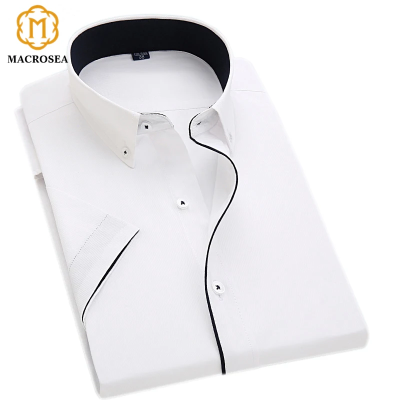 

MACROSEA Short Sleeve Men's Business Formal Shirts Men Button Collar Black Line Dress Shirt For Work/Office Wear Summer Style
