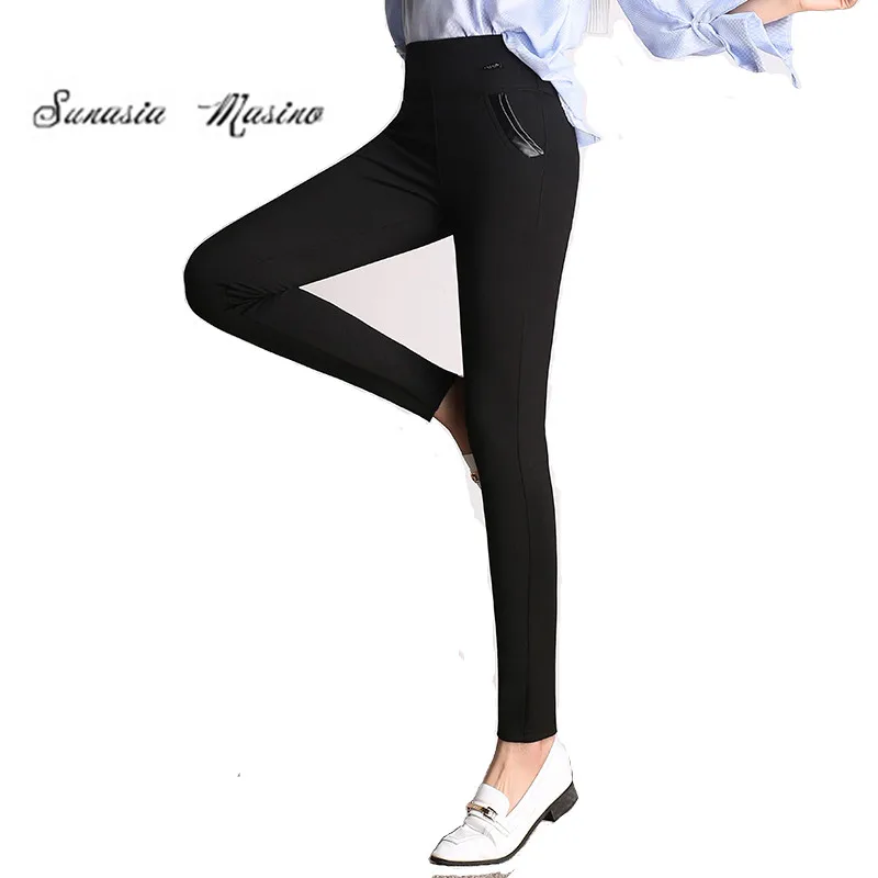 

S-4XL plus size 2017 women pencil pants solid leggings joggers women high waist trousers capri pants women Stitching pocket PU