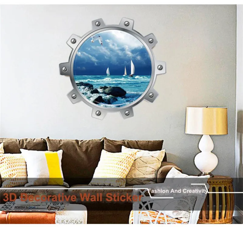 Round 3D DIY decor wall sticker Under sea Fish Beach Fish design living room decal stickers sticking 3D 50*50cm drop ship