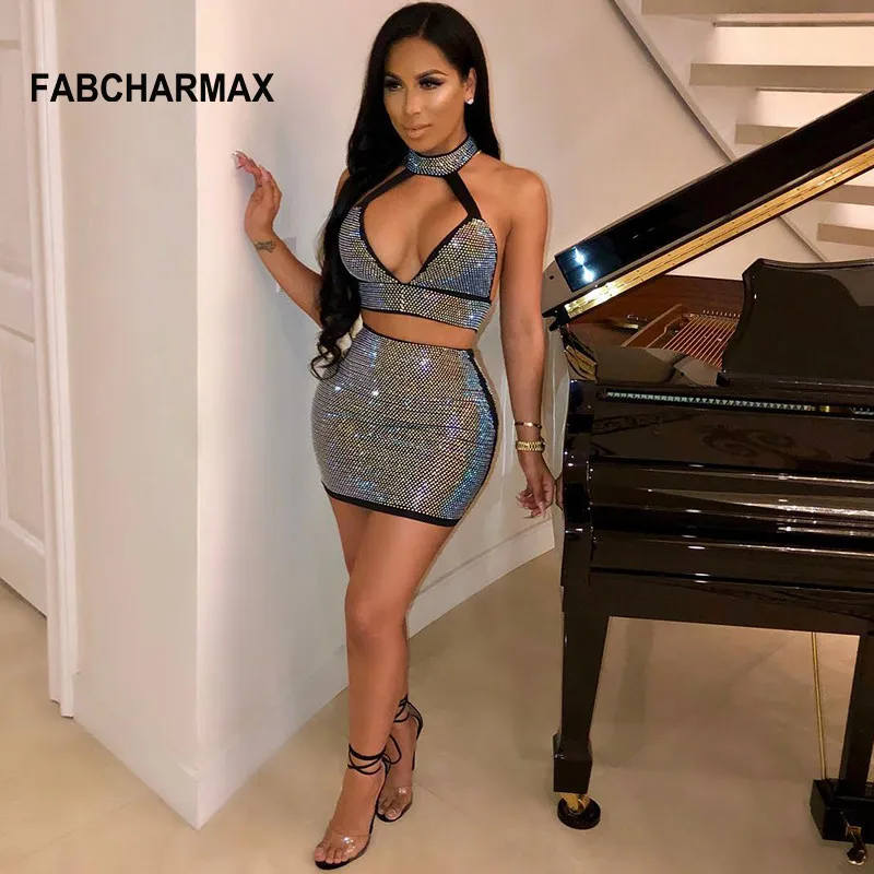 

women crystal bodycon dress sparkle rhinestones sleeveless two piece set dress cut out sexy night club outfit party mini dresses