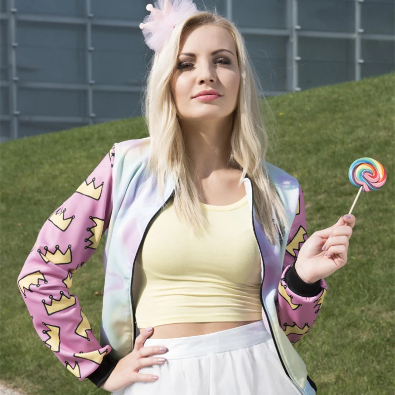 Kopen Hot koop Brand Vrouwen Bomber Jacket 3D Gedrukt Prinses Kroon Uitloper Jassen University College chaquetas Basic Jassen