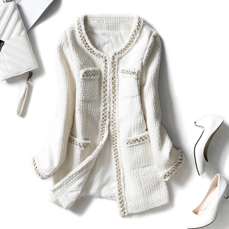 

New 2019 women in the spring and autumn winter coat new tweed han edition small wind socialite long little white lady
