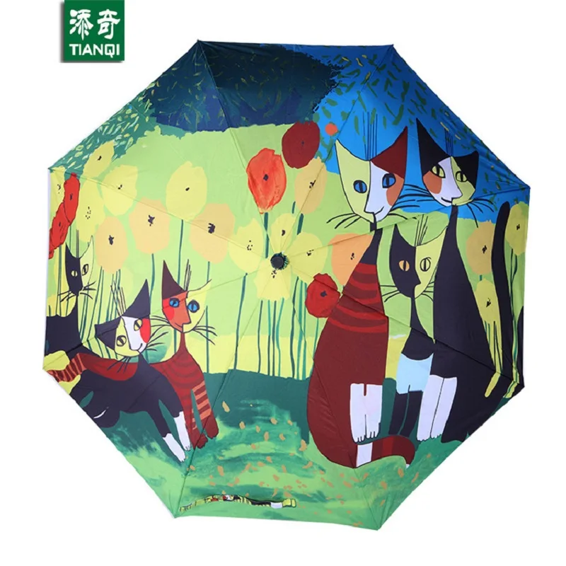Comprar Pintura al óleo gato patrón lluvia SOL paraguas, 3 plegable engrosamiento Anti UV moda abstracto arte diseño mujeres paraguas