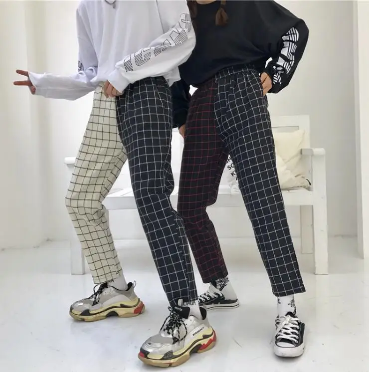Новые Harajuku Лоскутные клетчатые брюки женские с эластичной талией Прямые брюки