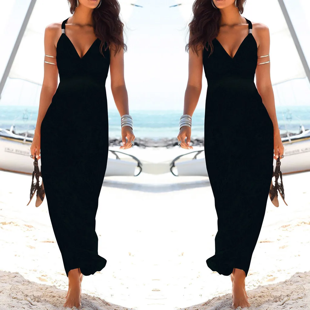 

2019 New Fashion Black Color Long Dress Women Summer Bohemian Sleeveless V Neck Solid Color Ankle Length Dress Party Dress #C