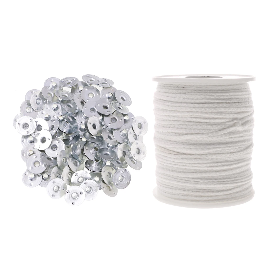 200 Pieces Metal Candle Wick Tabs Sustainers & 1 Roll Cotton Candle Core Wicks for Candles Making Supplies