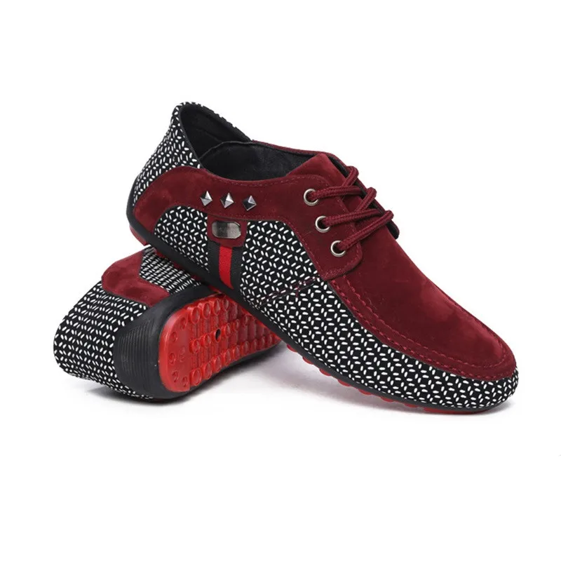 LIN KING Plus Size Pu Leather Shoes For Men Lace Up Flats Casual Shoes Soft Sole Loafers Moccasins Comfortable Man Driving Shoes - Color: red