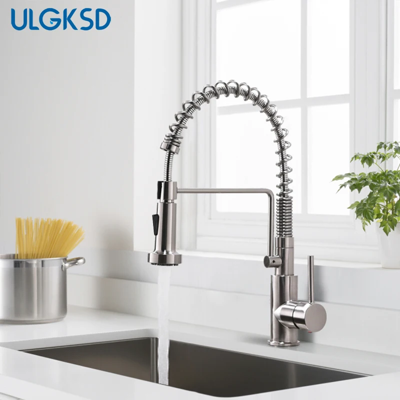 

ULGKSD Brushed Nickel Stainless Steel Single Handle Single Lever Pull Out Pull Down Sprayer Spring Kitchen Sink Faucet