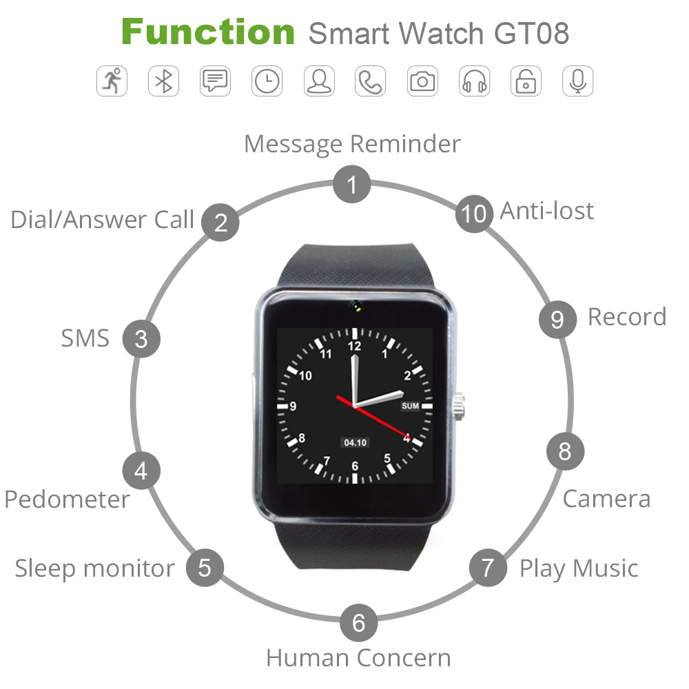 Смарт-часы GT08 синхронизация уведомлений поддержка sim-карты TF Подключение Bluetooth для Android HUAWEI Apple samsung