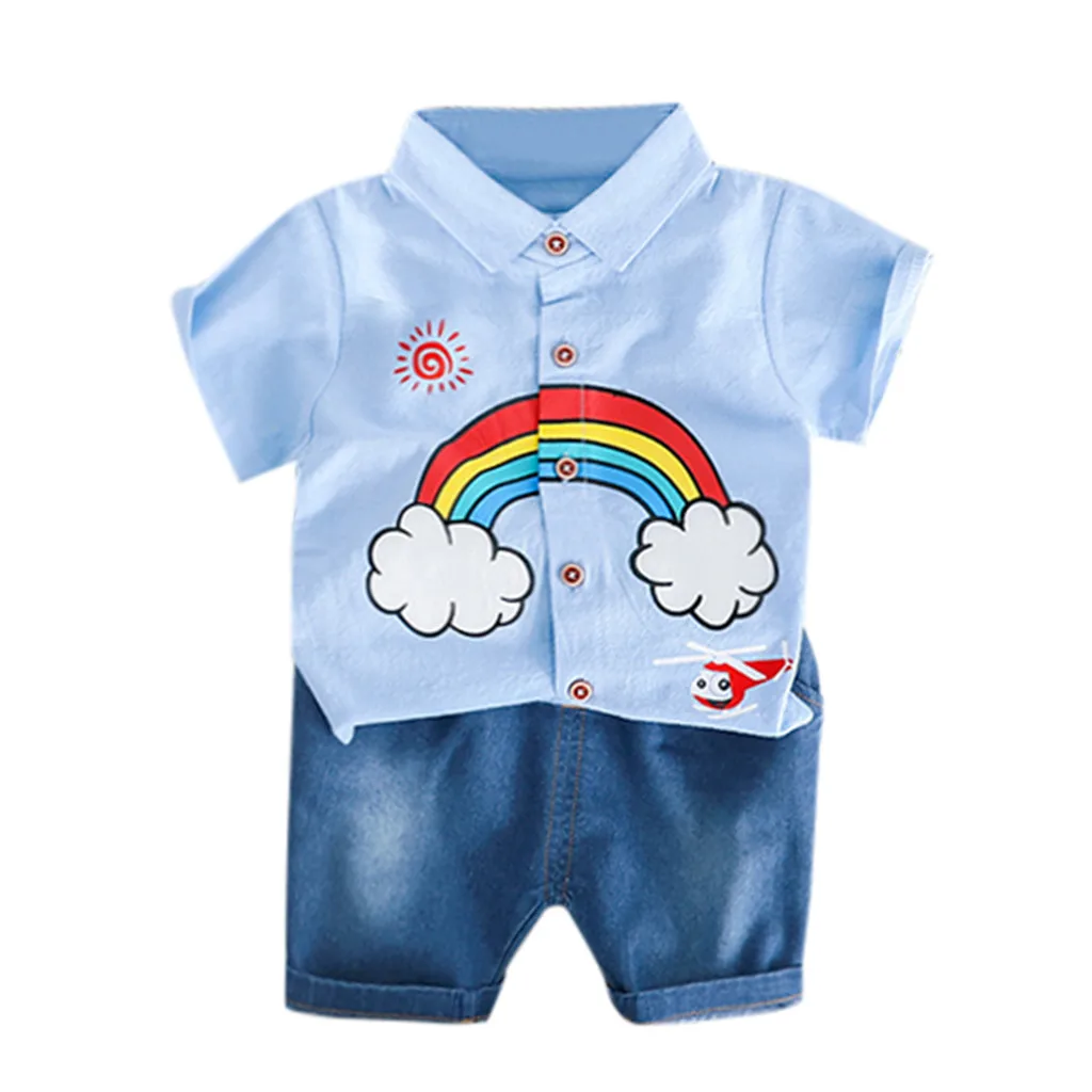 Комплект летней одежды для маленьких мальчиков и девочек, одежда для новорожденных, roupa infantil bebek giyim, топы с радугой, футболка, однотонные шорты - Цвет: Blue