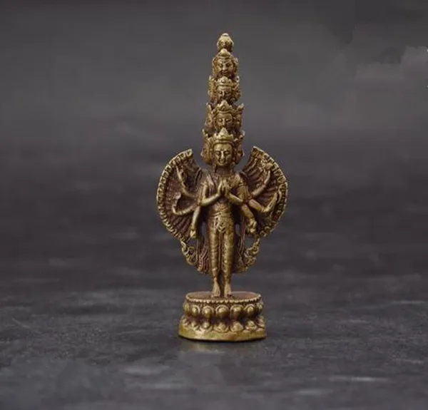 Chinese pure brass Thousand Hand Kwan yin small Buddha statuein