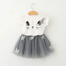 2PCs Infants Kids Baby Girls Cute Cat Short Sleeve T shirt Mesh Princess tutu Skirt Children Clothes Suit Set