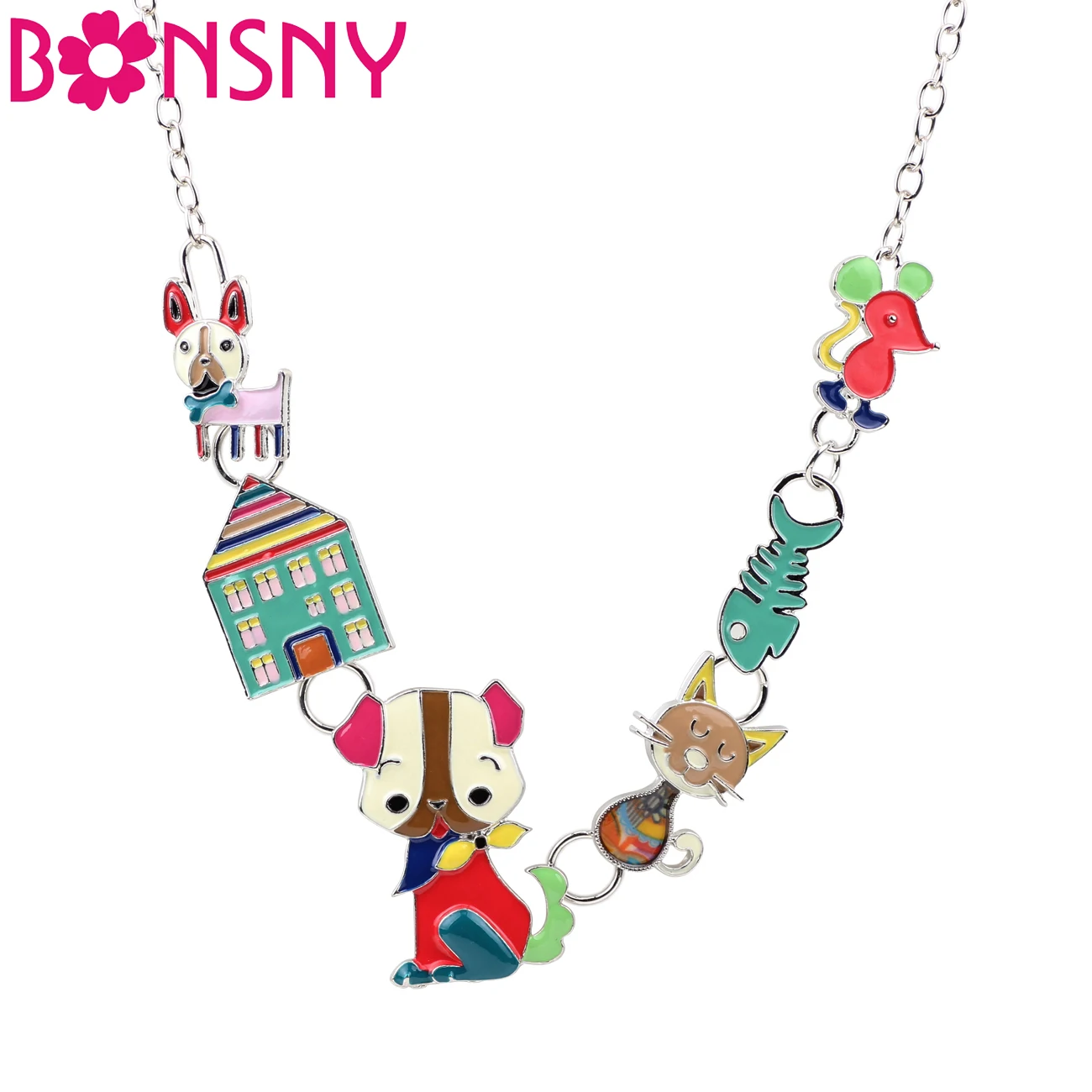 Bonsny эмаль собака кошка рыбка мышь домик колье подвеска цепочка воротник модное