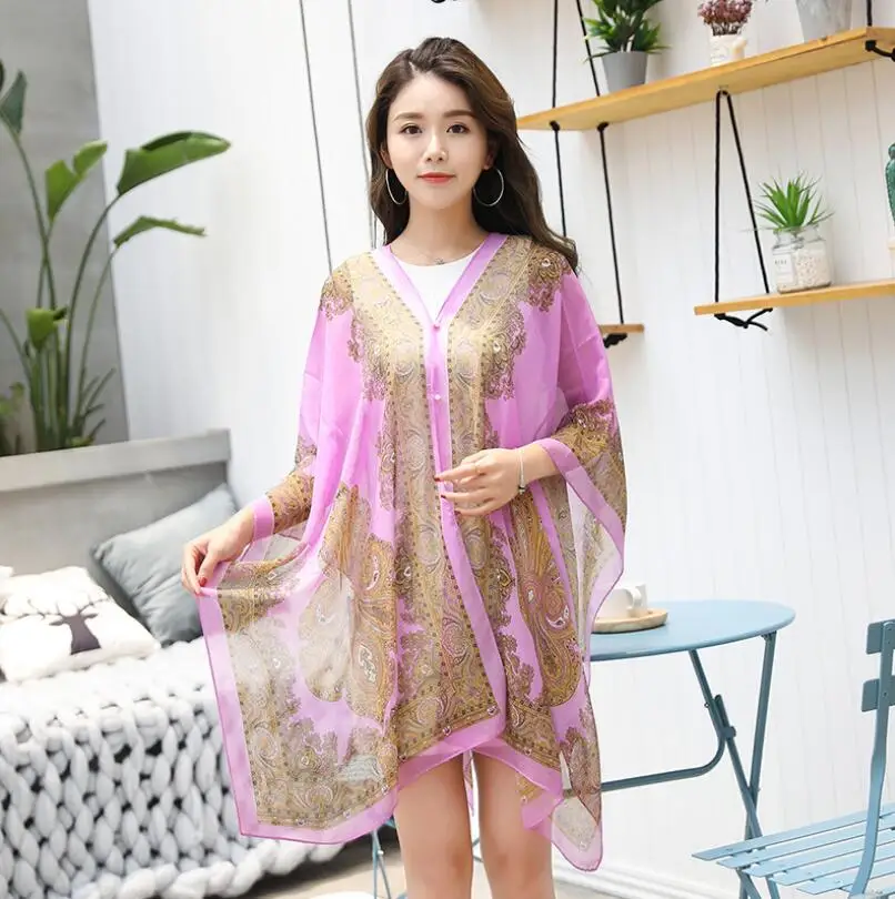 Женская шифоновая блуза с рукавом летучая мышь в стиле бохо, повседневные свободные кимоно с цветочным принтом, рубашки большого размера, Пляжная туника, топы с баской, халат-блуза - Цвет: J144 Violet