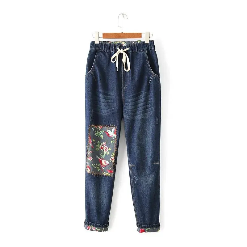 2017 Spring New Ladies High Waist BF Harajuku Jeans Women Fashion Individuality Floral Patch Denim Pants