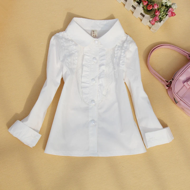 Блузка для девочек коллекция года, Осенняя детская одежда для детей Белая школьная блуза с кружевными вставками для девочек, детская рубашка Блузы для детей возрастом от 2 до 16 лет