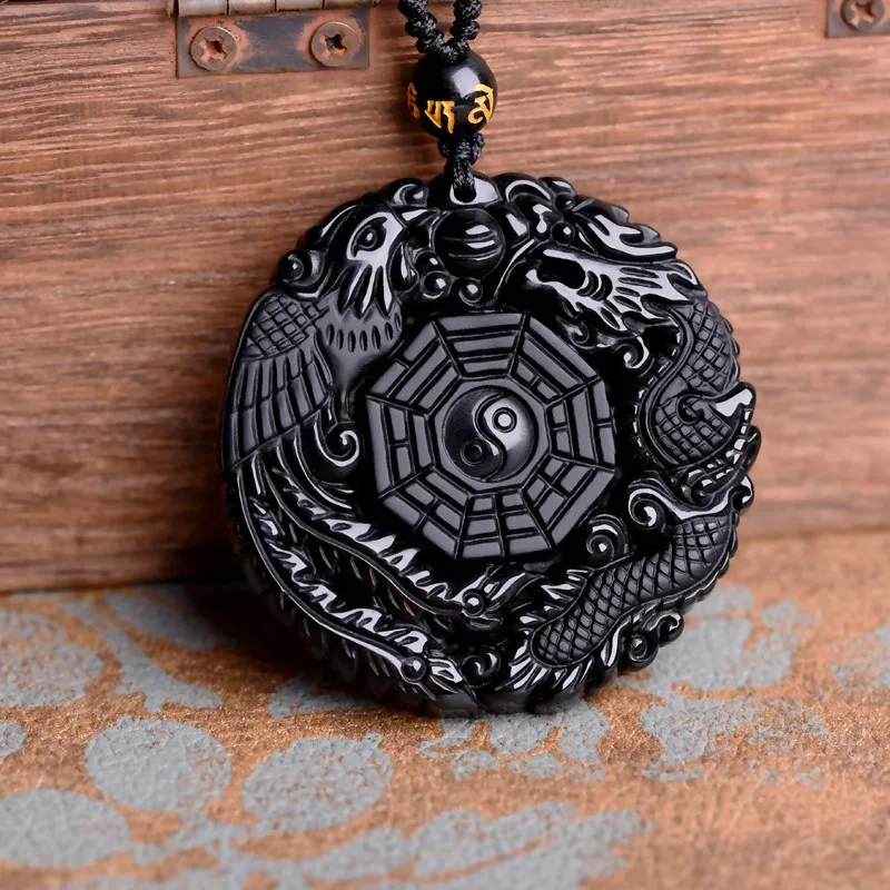 Prix pour Drop Shipping Noir Obsidienne Sculpture Dragon et Phoenix Collier Pendentif Obsidienne Chanceux Pendentifs Prix pour Drop Shipping Noir Obsidienne Sculpture Dragon et Phoenix Collier Pendentif Obsidienne Chanceux Pendentifs