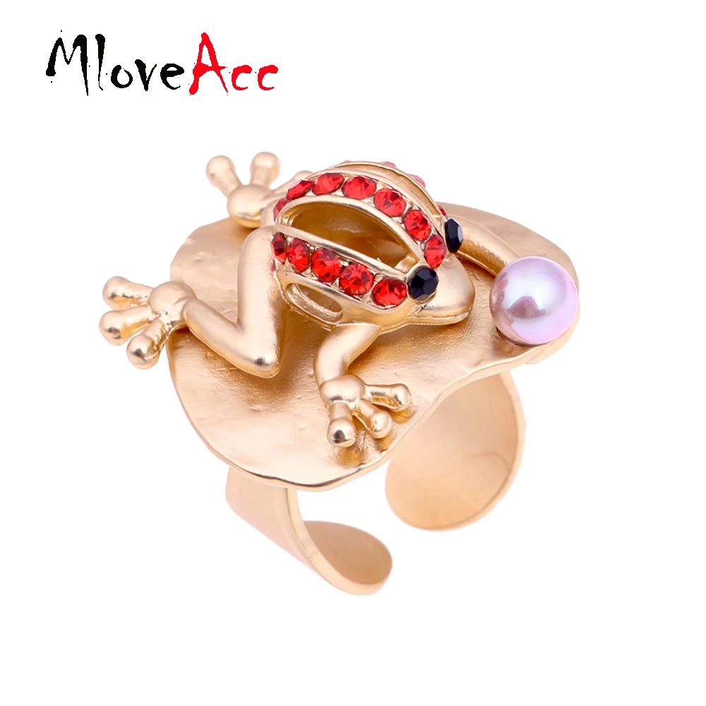 

New Arrival Open Adjustable Ring Red Crystal Rhinestones Frog on Lotus Leaf Imitation Pearl Rings for Women Gifts