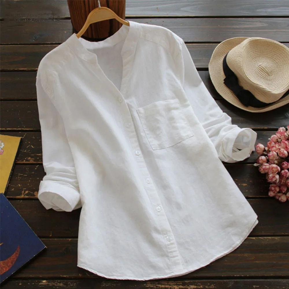 

Summer Women Loose Shirt Solid Ladies Linen Cotton Long Sleeve Button Casual Shirt Women blusas mujer de moda 2019 New