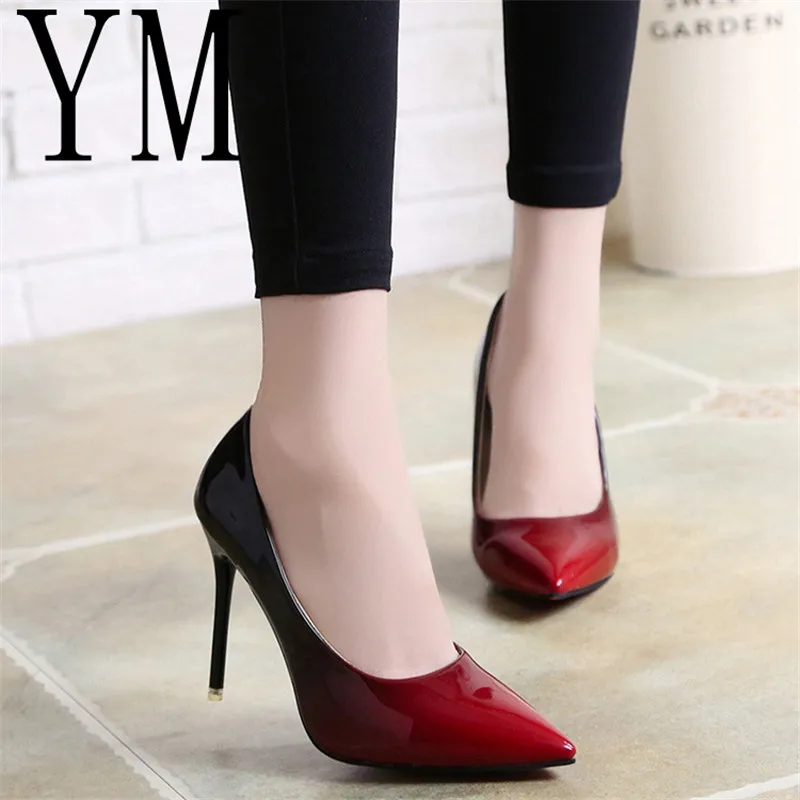 2018 Shadow Women Shoes Pointed Toe Pumps Patent Leather Dress Wine Red 10CM High Heels Boat Shoes Wedding Shoes Zapatos Mujer