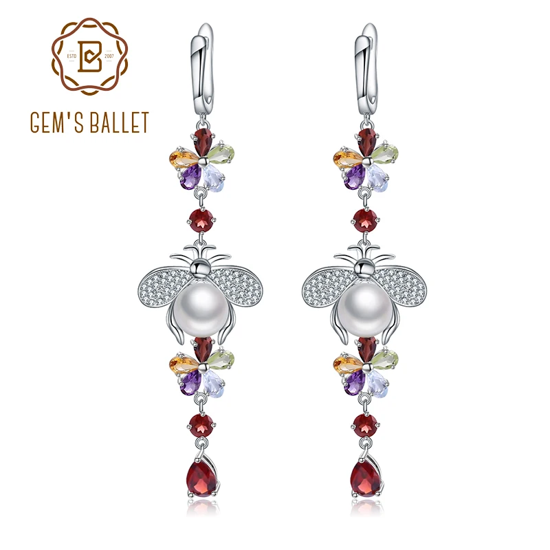 

GEM'S BALLET Natural Flower Multicolor Gemstone Earrings 925 Sterling Silver Freshwater Pearl Vintage Drop Earrings For Women