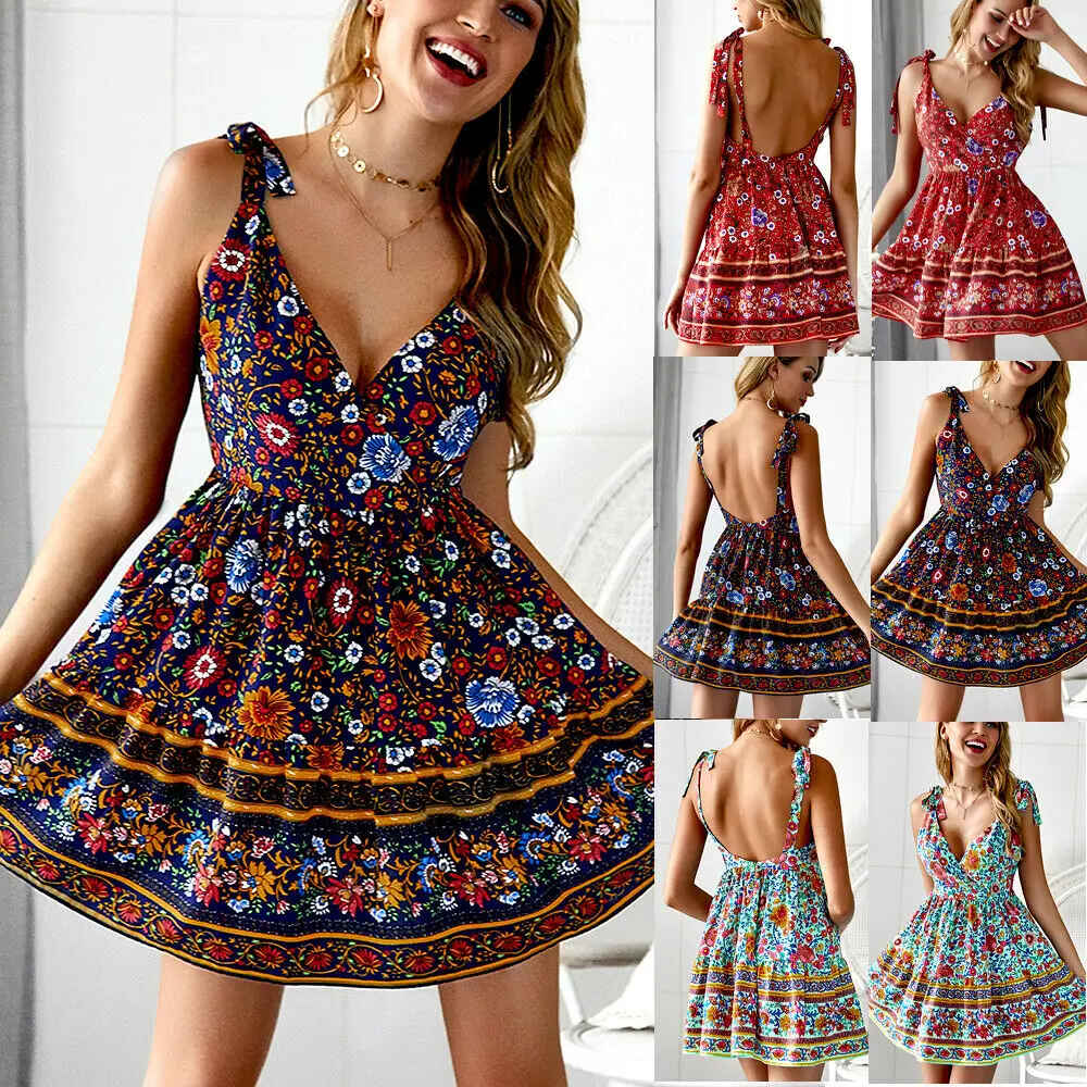 

Women Strappy Backless Casual Print Dress Sundress Ladies Girl Summer Sleeveless Holiday Beach Mini Dress
