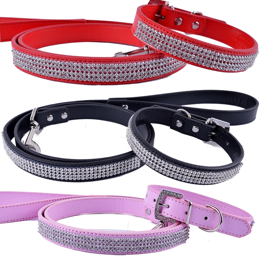 Rhinestones Dog Collar Set Leather Dog Leash Diamante Collar Lead Red