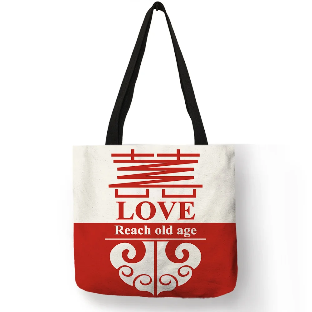 

Chinese Character Printing Shoulder Bags Love Letter Culture Art Handbag Large Capacity Eco Friendly Shopping Tote Bags Bolsa