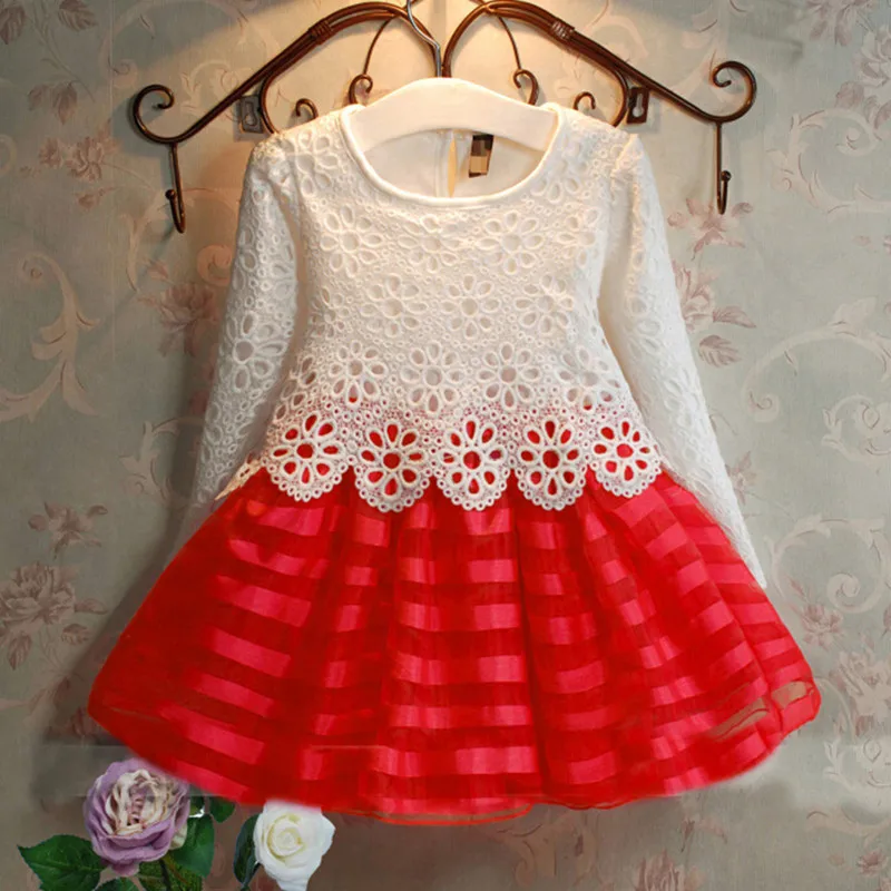 Hot Sale 2016 Summer Girl Dress Children Girls's Clothing Set Spring Long Sleeve Party Striped White Pink Princess Dress