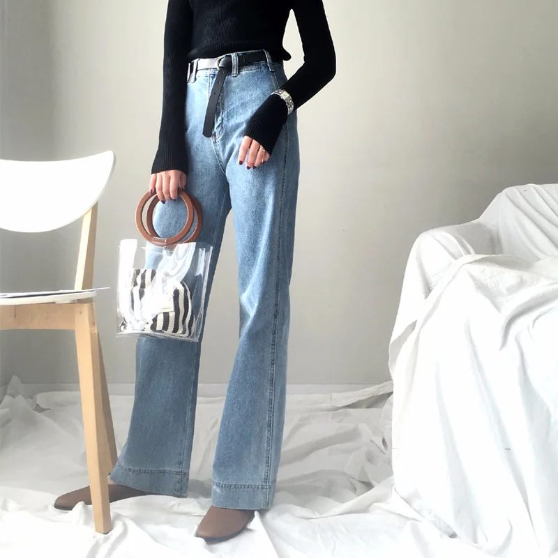

Fashion High Waist Wide Leg Denim Jeans Vintage Office Korean Lady Pants Loose Full Length Trousers Wide-waisted Women Jeans