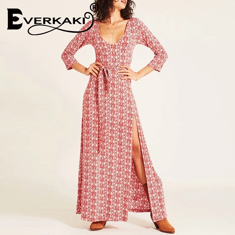 

Everkaki Bohemian Printed Dress Loose V-neck Long Sleeve Beach Dress Vintage High cut Party Long Dresses Vestidos