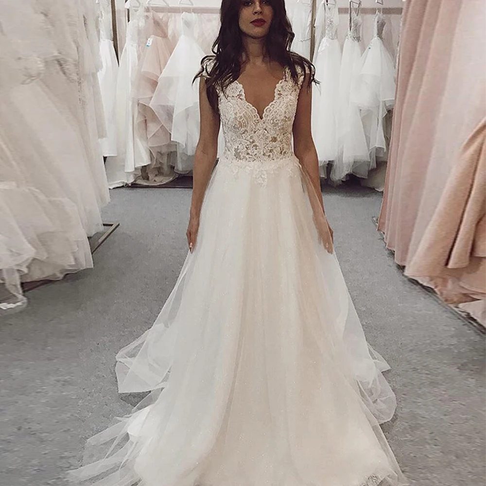Elegant A Line V Neck Lace Wedding Dresses 2021 Sexy Romantic Floor Length Gowns for Brides Formal Free Shipping | Свадьбы и