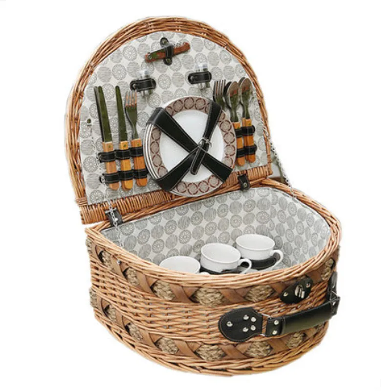 

Classic Handmade Large Wicker Picnic Basket for Family / Vintage picnic basket for 4 persons with Tableware as Gift for Friend