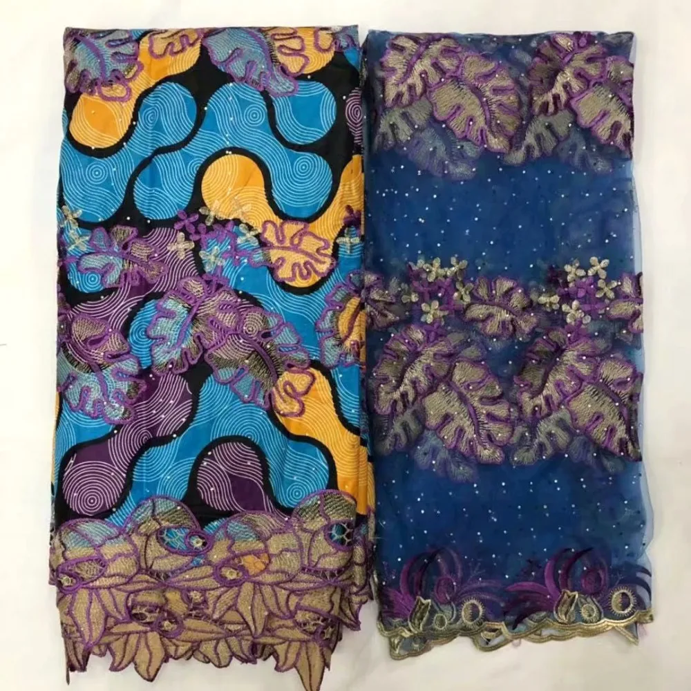 

Latest style African Wax with lace fabric high quality Ankara wax with beads guipure lace fabric embroidered 6 yards+2 yards