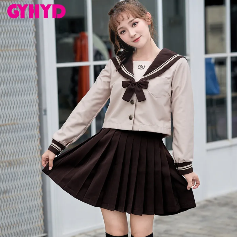 

GYHYD Japanese School Uniform Class Girl Maid Sailor Navy Style Cosplay Clothes Long Sleeve Japanese Costume Dolly Skirt