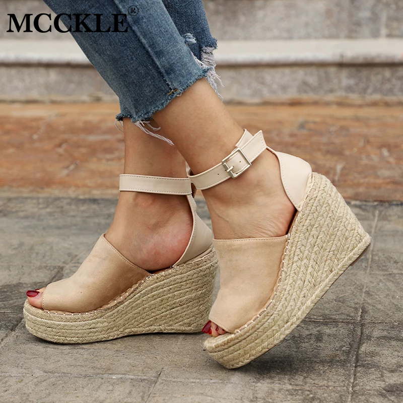 

MCCKLE Peep Toe Buckle Strap Wedge Women Sandals Female Straw Sewing Ankle-Wrap Platform High Heels Shoes Zapatillas Mujer