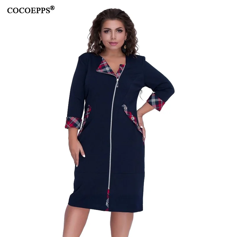 En Ligne 5XL 6XL 2019 automne grande taille femmes robe décontracté Patchwork femme hiver Plus les tailles robe fermeture éclair dame bureau fête robe moulante